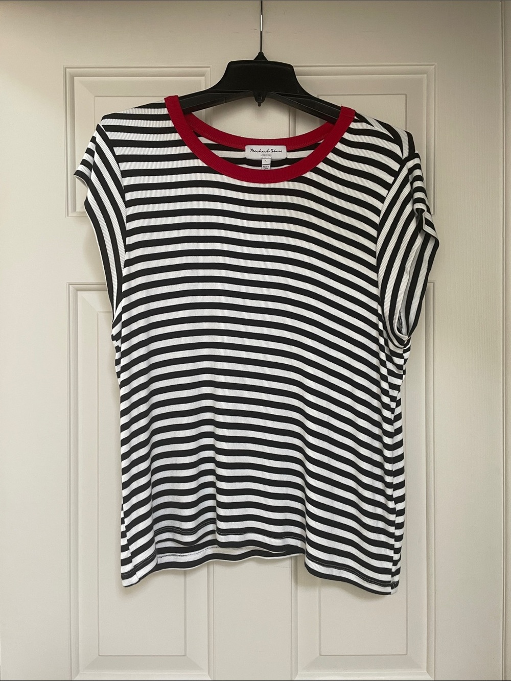 Michael Stars  Black & White Striped Short-Sleeve Tee with Red contrast trim L